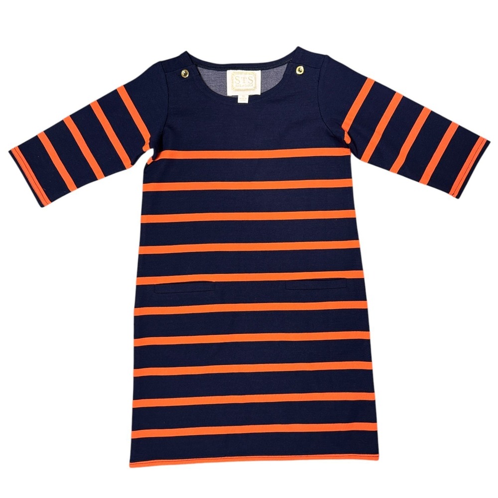 Sail to Sable Girls 10 Navy Orange Stripe Knit Dress Gold Buttons Pockets